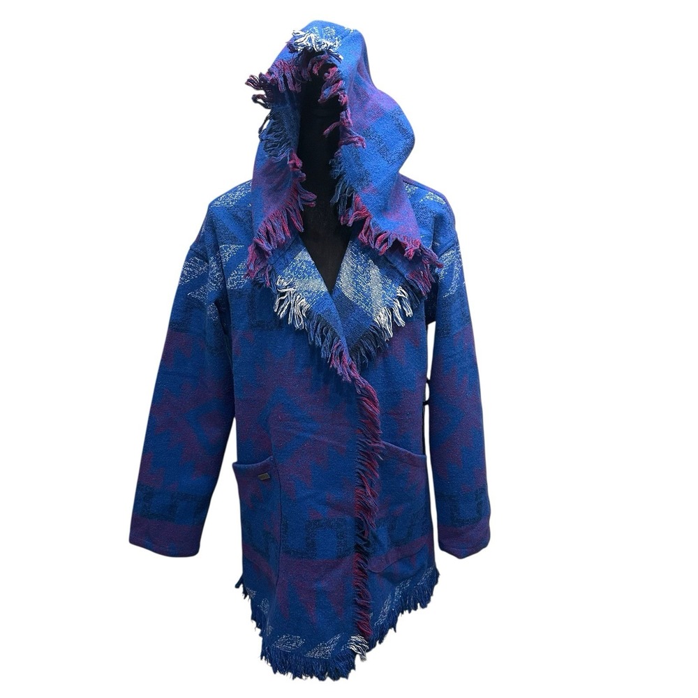 ROXY Santa Katalina Blue Aztec Fringe‎ Beach Surf Wrap Jacket Hoodie Size XS